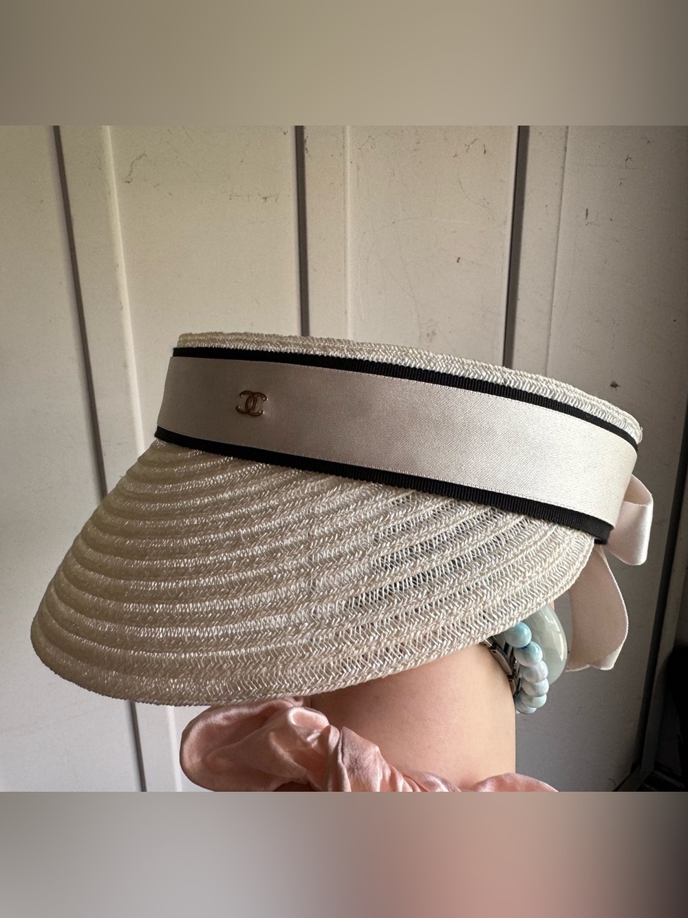 Auth Chanel visor white cream off white bow ribbon hat straw sun hat cruise